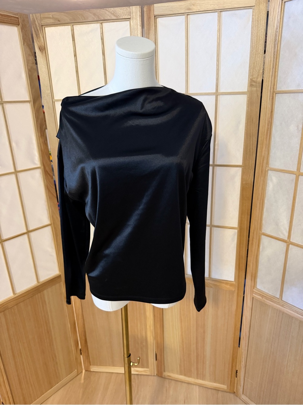 Banana Republic Black Satin Boatneck Long Sleeve Top